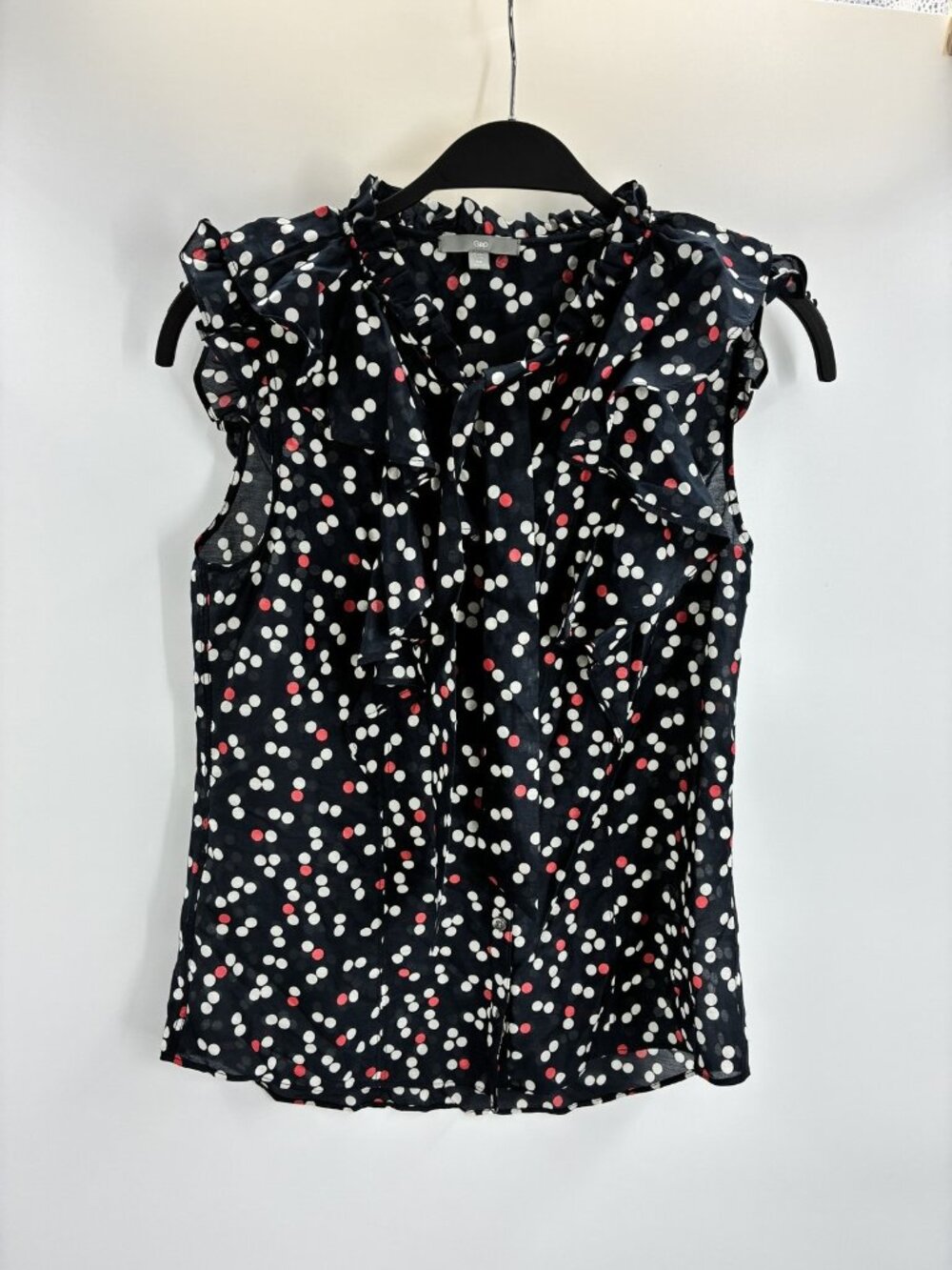 Gap Womens XS Petite Blue Polka Dot Ruffle Tie Neck Sleeveless Blouse Top Silk